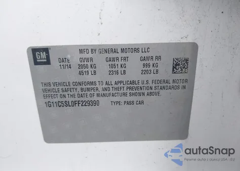 2015 Chevrolet Malibu 1Lt z USA, uszkodzony, nr VIN 1G11C5SL0FF229390